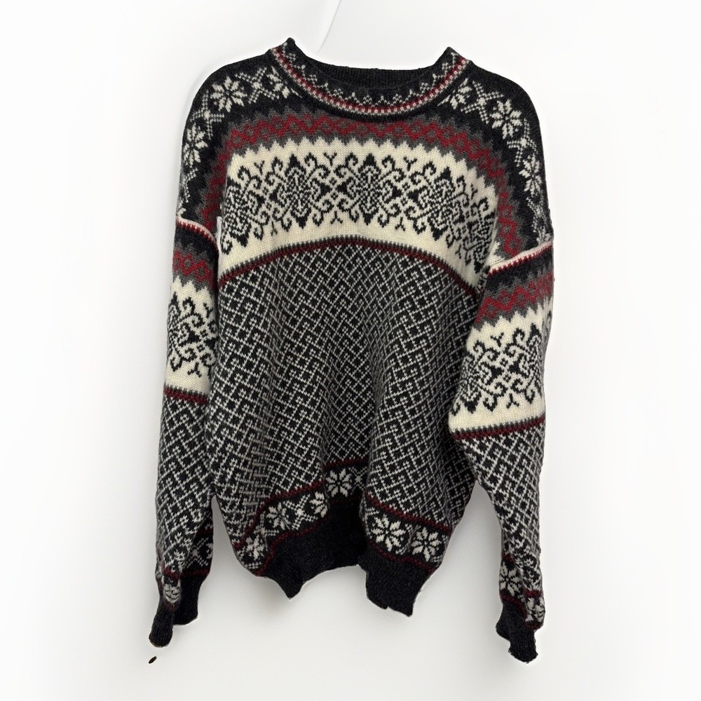 Nordstrikk Mens Wool Sweater Fair Isle Nordic Crew Neck Gray White Red XL VTG